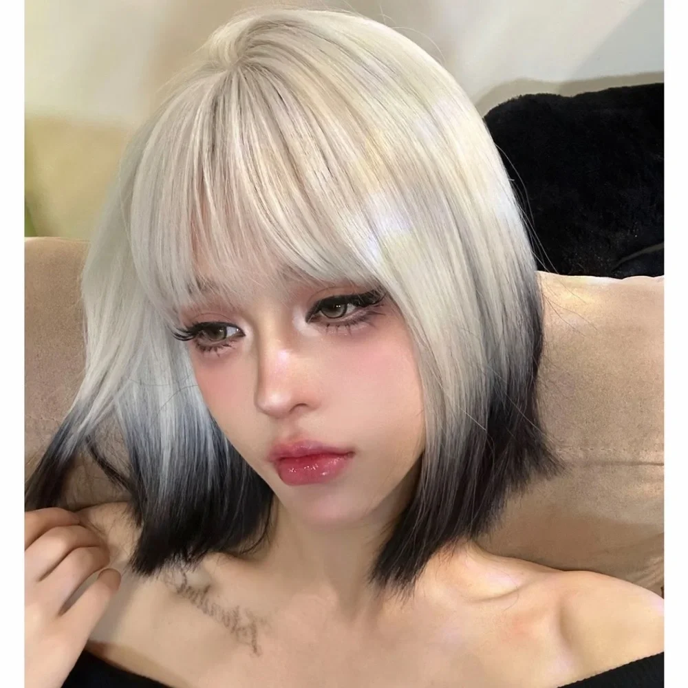 Heat Resistant Synthetic Silver to Black Ombre Short Bob Wig with Bangs